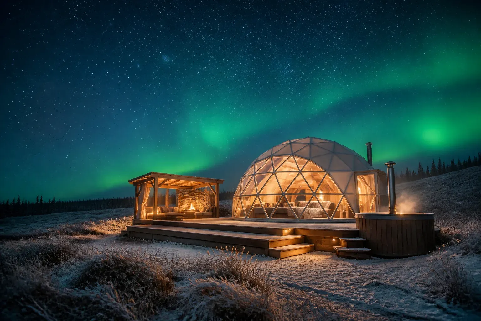 AI concept of Aurora Cloud Dome beneath northern lights with a private soaking tub and fire lounge