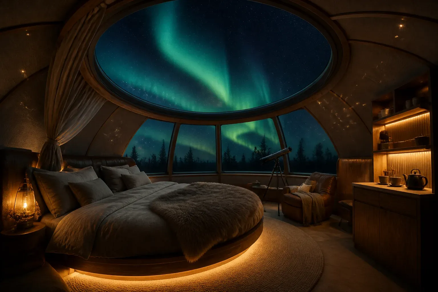 AI concept interior of Aurora Cloud Dome with a circular bed and transparent stargazing oculus