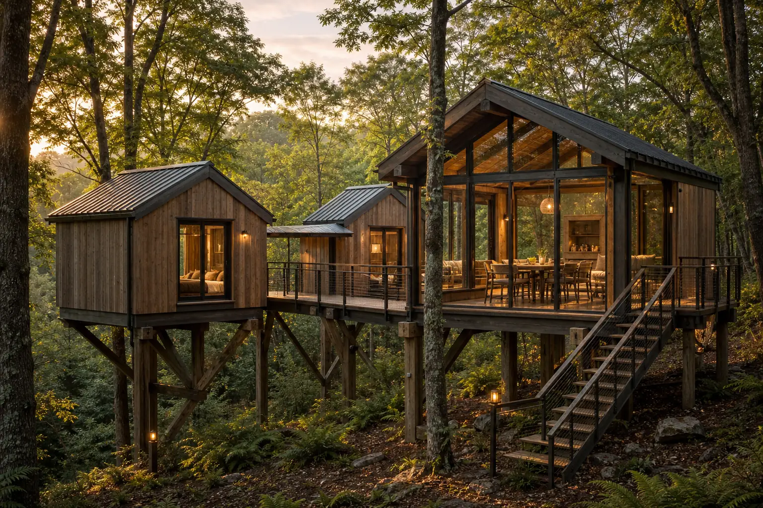 AI concept of Canopy Commons, a family treehouse lodge with twin timber pods, a covered bridge and a glazed shared room