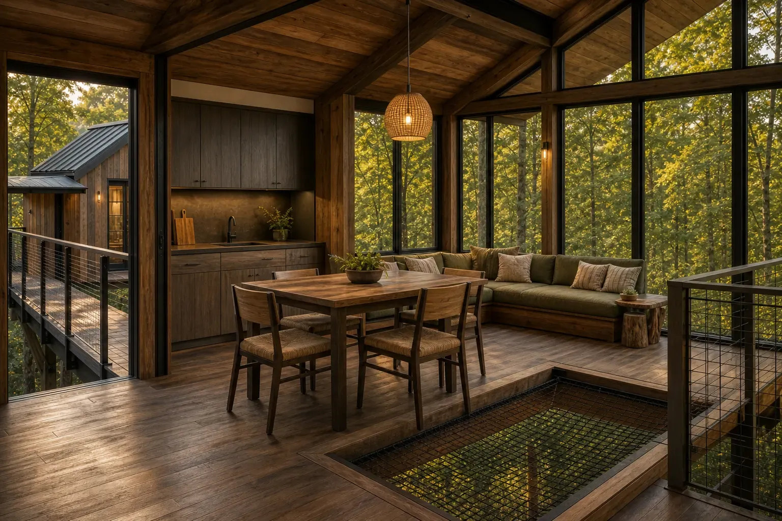 AI concept interior of Canopy Commons showing the treetop family room, dining table and enclosed reading net