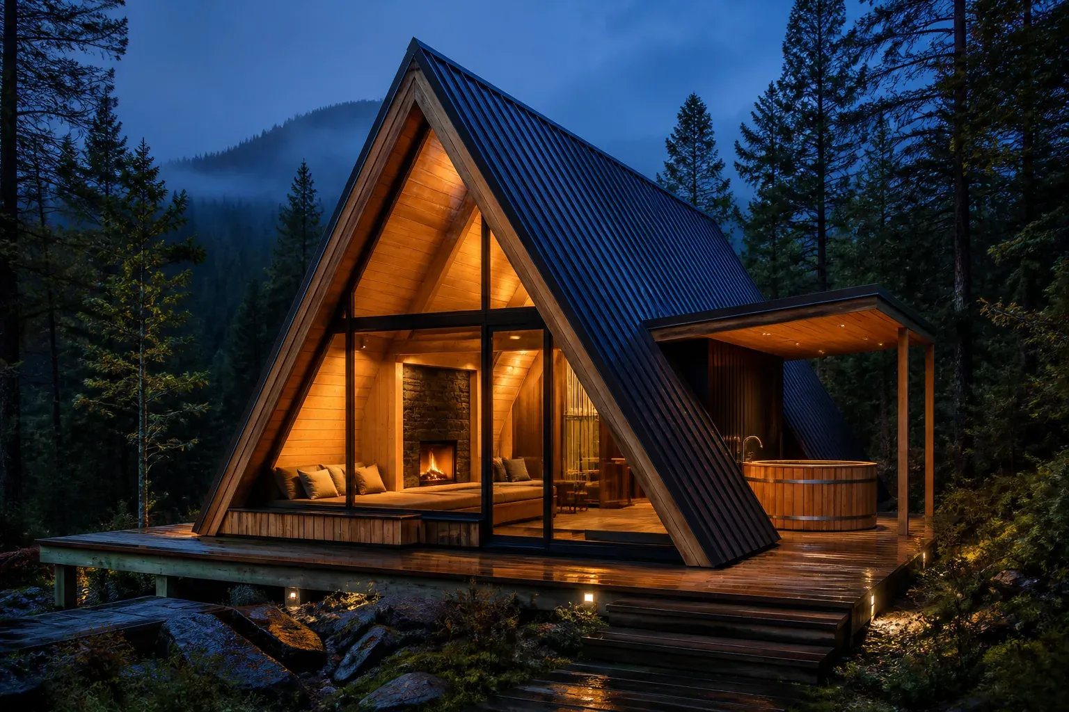 AI concept of Emberline A-Frame cabin with a panoramic glazed gable, covered deck and cedar soaking tub