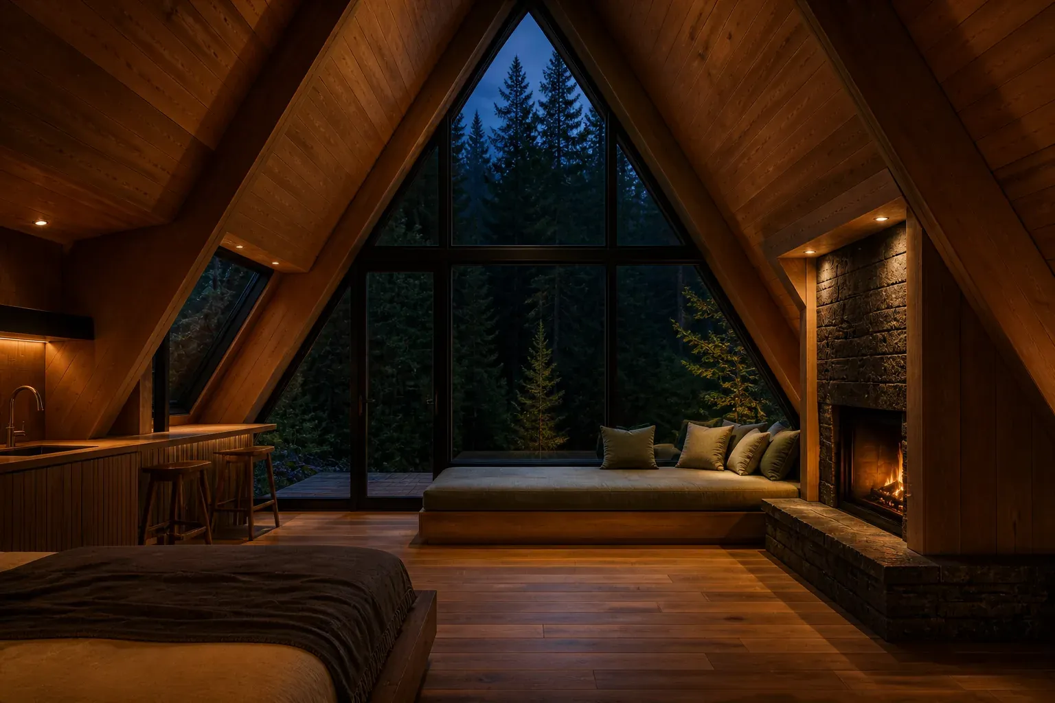 AI concept interior of Emberline A-Frame showing a fireside window lounge beneath the tall glazed gable