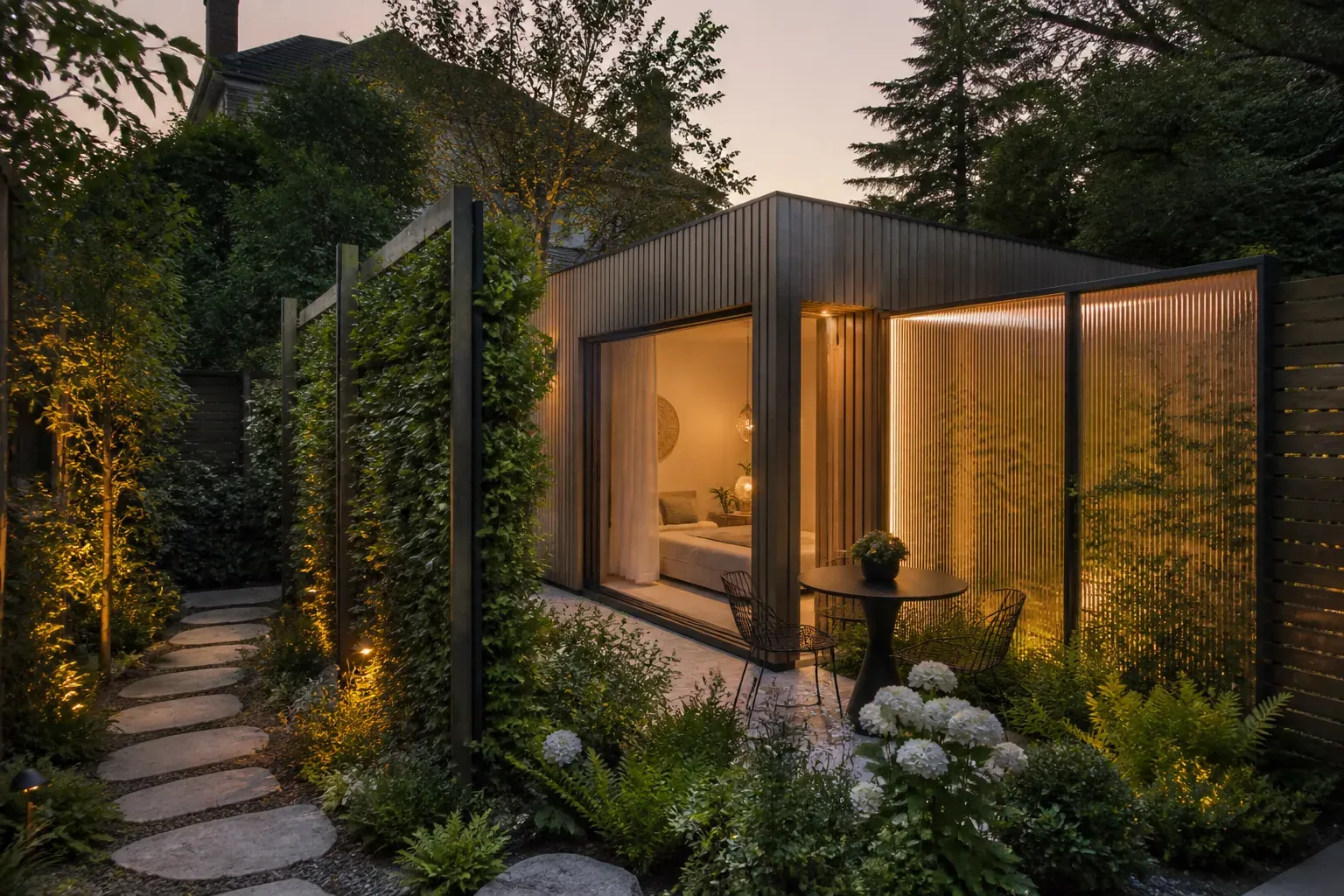 AI concept of Garden Lantern Studio, a private backyard guest house with planted screens and a glowing courtyard wall