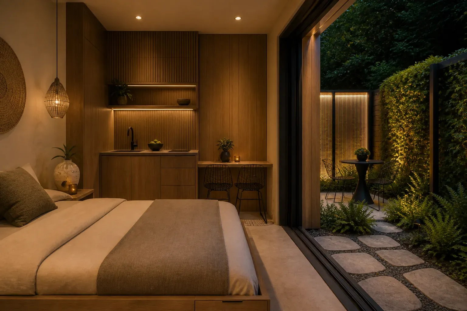 AI concept interior of Garden Lantern Studio looking from the built-in bed toward its enclosed green courtyard