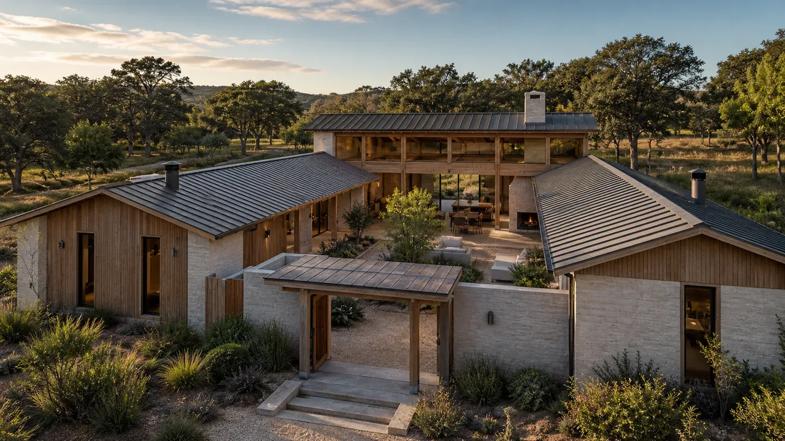 AI concept of Gathering Loop House, a large family vacation home arranged around a covered courtyard and two quiet bedroom wings