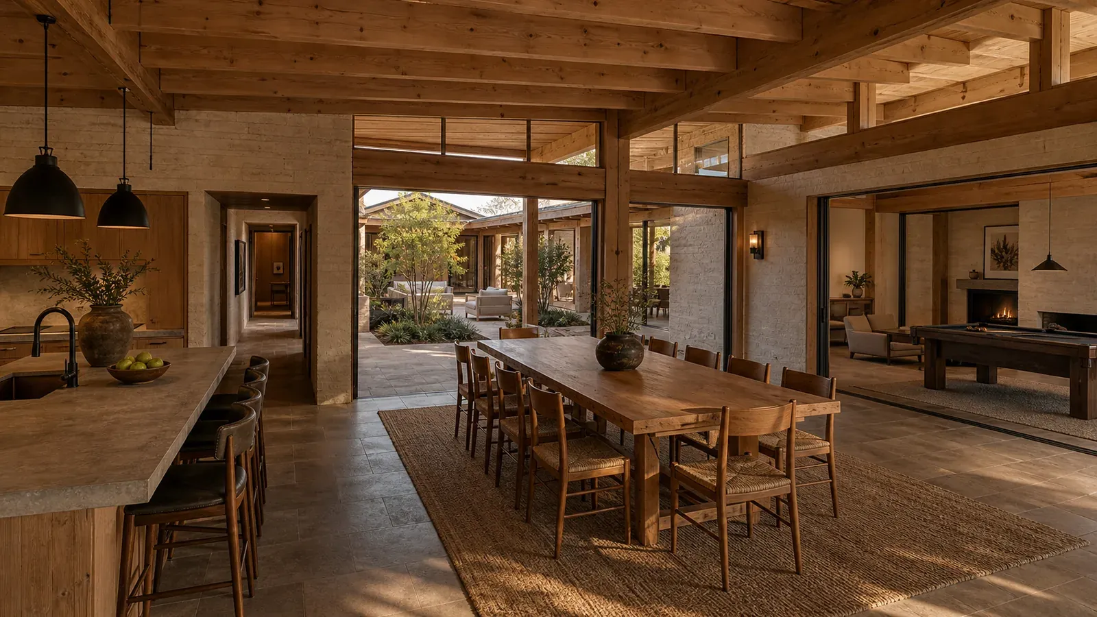 AI concept interior of Gathering Loop House showing the connected kitchen, ten-seat table, courtyard and games room