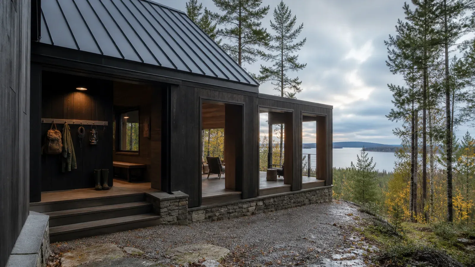 AI concept of Lakeframe Cabin, a four-season lake-view cabin with a sheltered outdoor room and dry-route arrival gallery