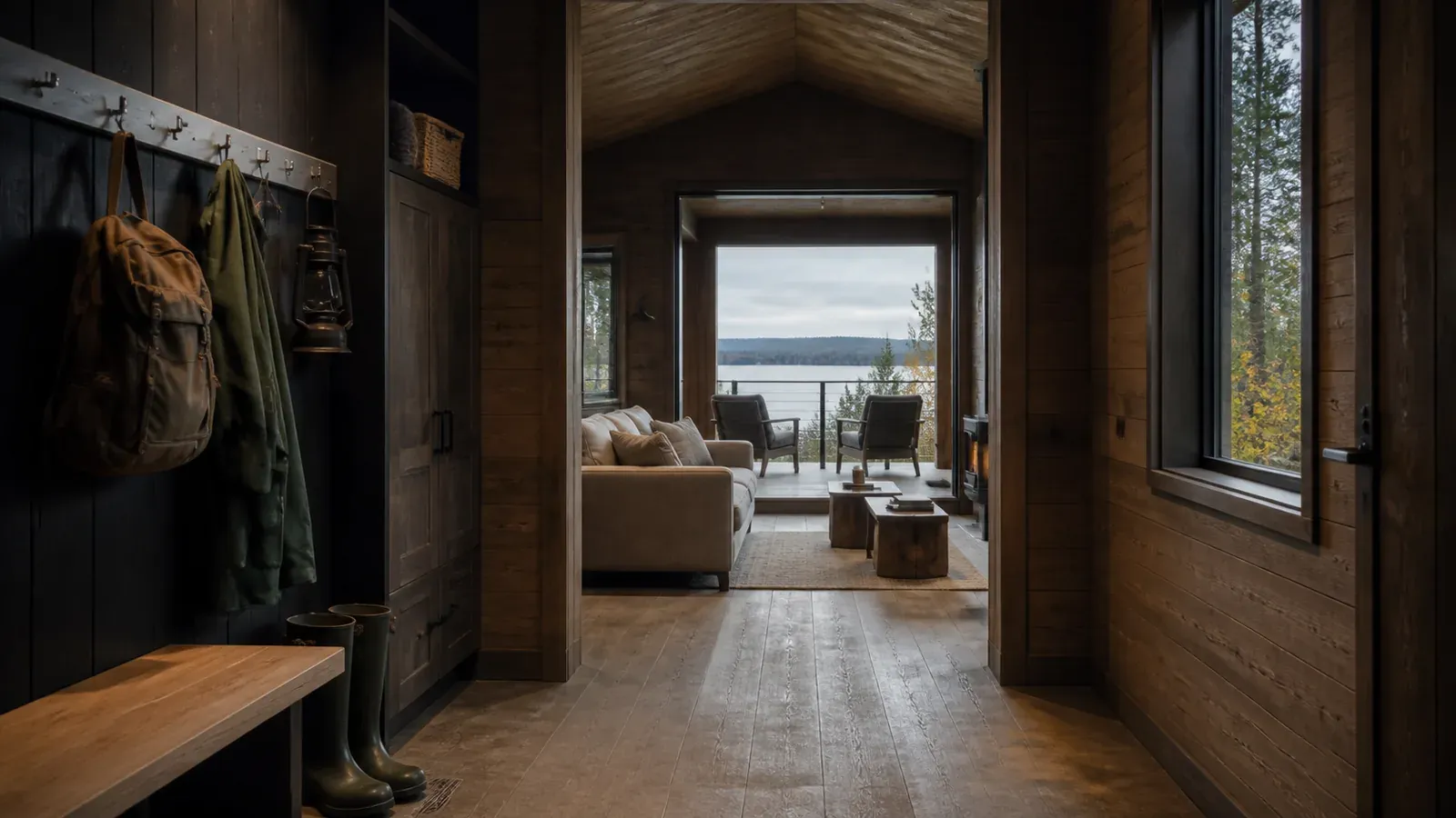 AI concept interior of Lakeframe Cabin showing the dry-route gear gallery and progressively framed lake view