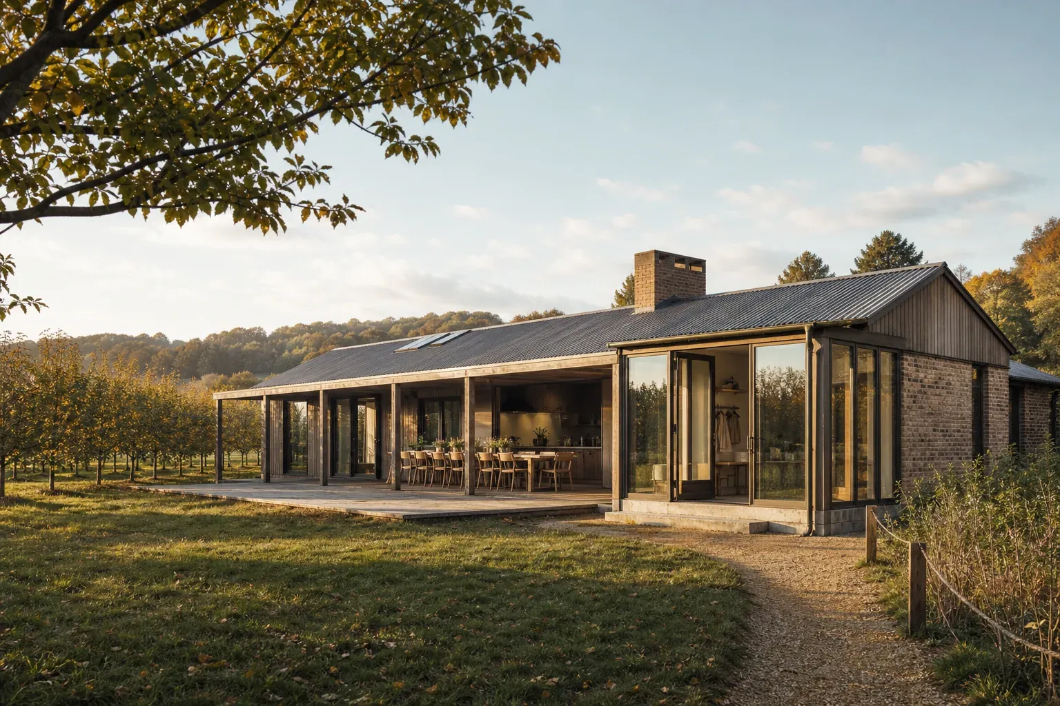 AI concept of Orchard Longtable House, a farm-stay guesthouse with a covered dining table, glazed field room and orchard view