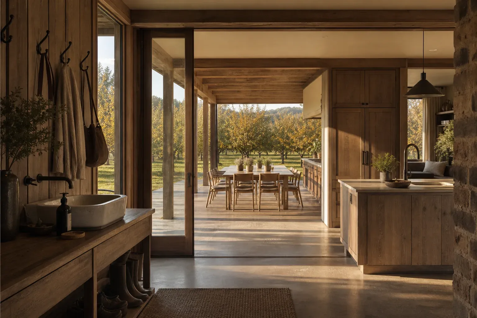 AI concept interior of Orchard Longtable House showing the guest kitchen, covered long table and framed orchard landscape