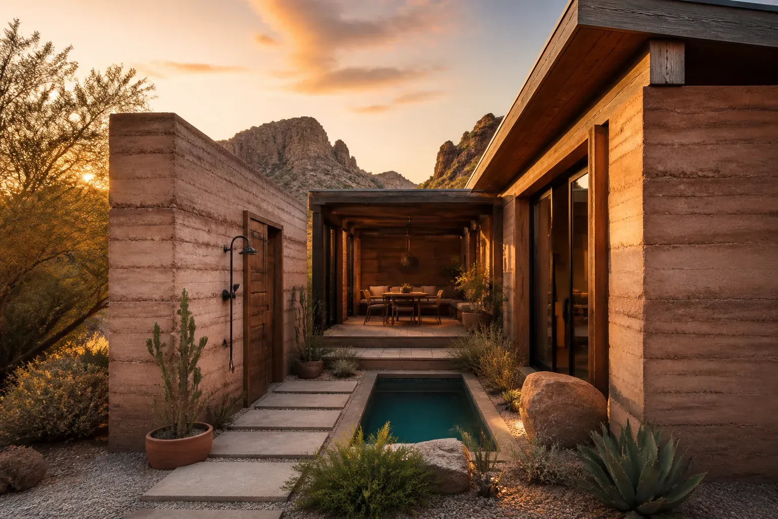 AI concept of Pocket Canyon House, a compact rammed-earth vacation rental around a private plunge-pool courtyard