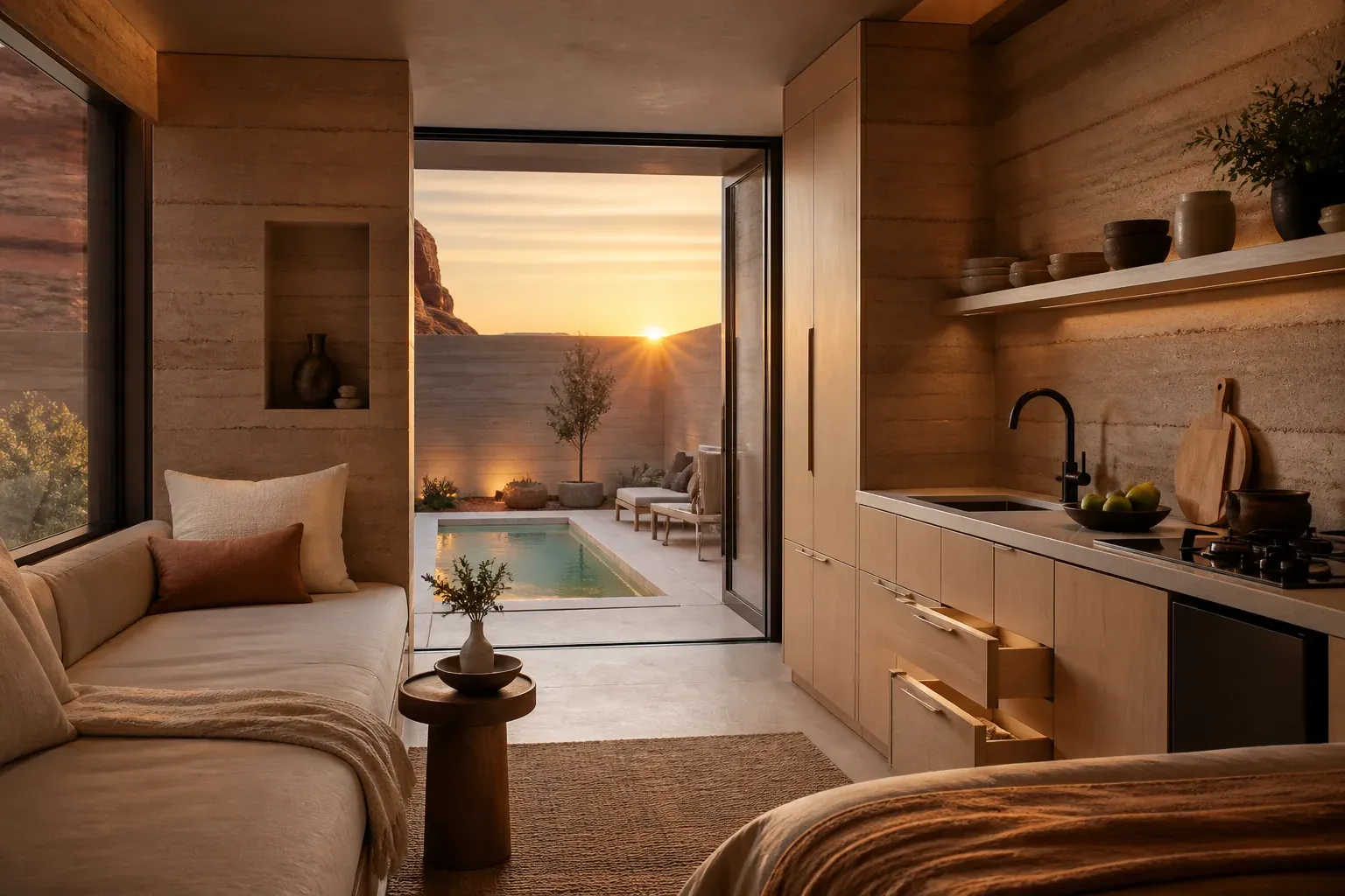 AI concept interior of Pocket Canyon House looking from a compact kitchenette toward its courtyard pool