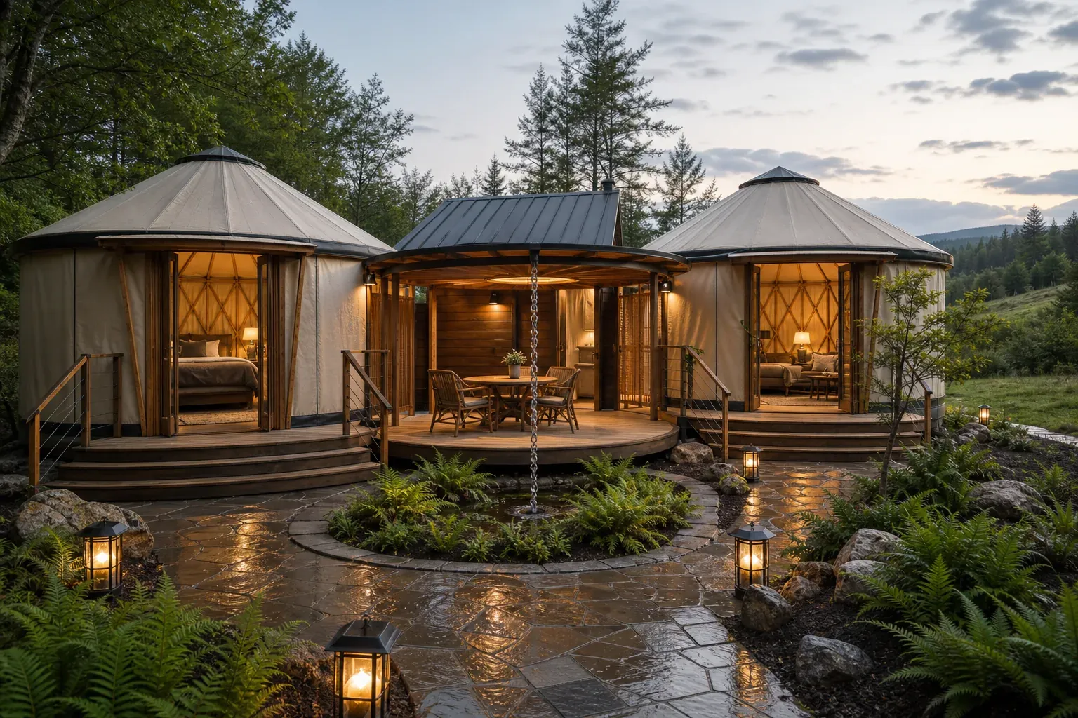 AI concept of Rainring Yurt Camp with two timber-framed yurts, an enclosed service core and a covered circular rain deck
