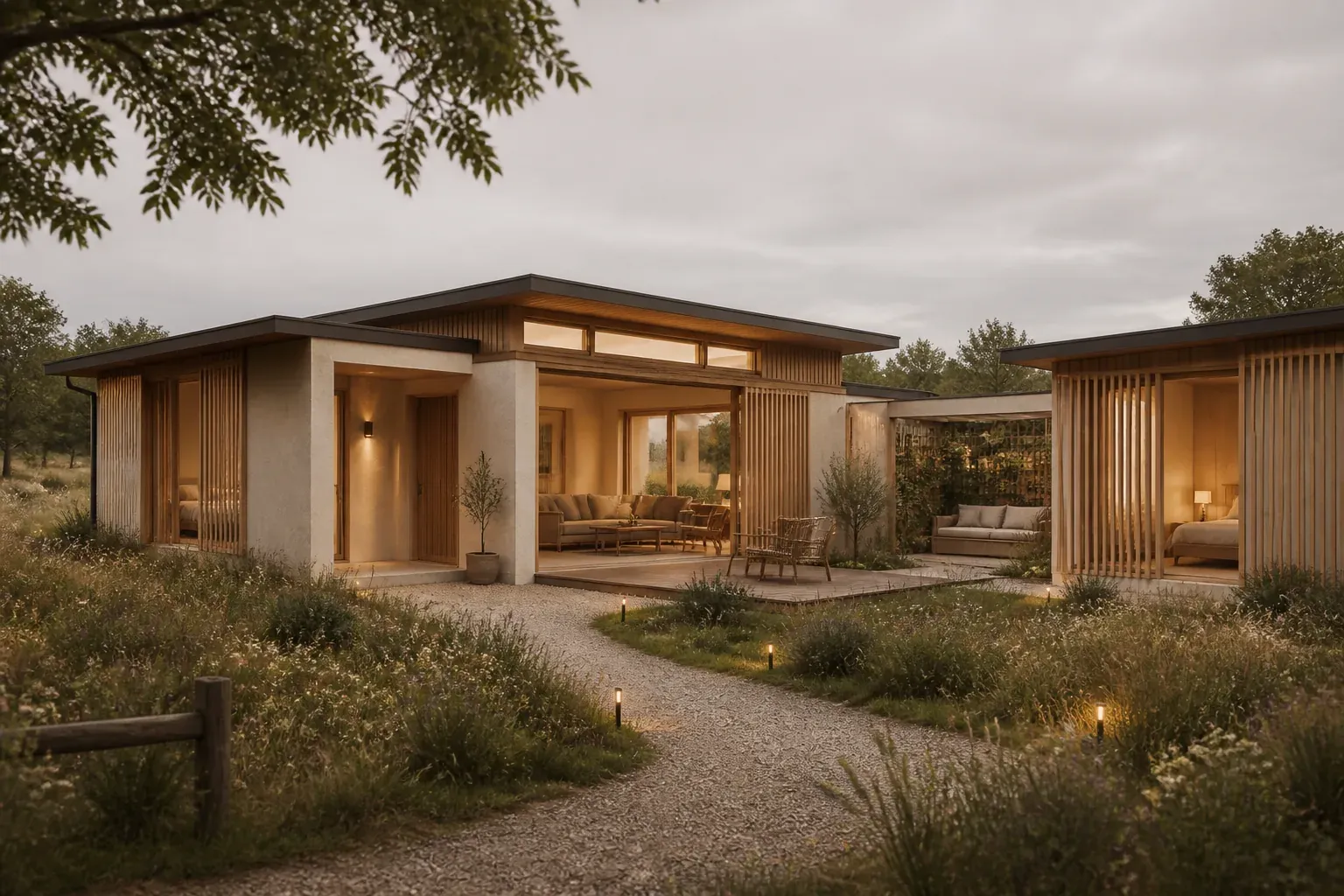 AI concept of Soft Signal House, a sensory-configurable guesthouse with calm arrival lighting, separated bedrooms and a quiet garden alcove