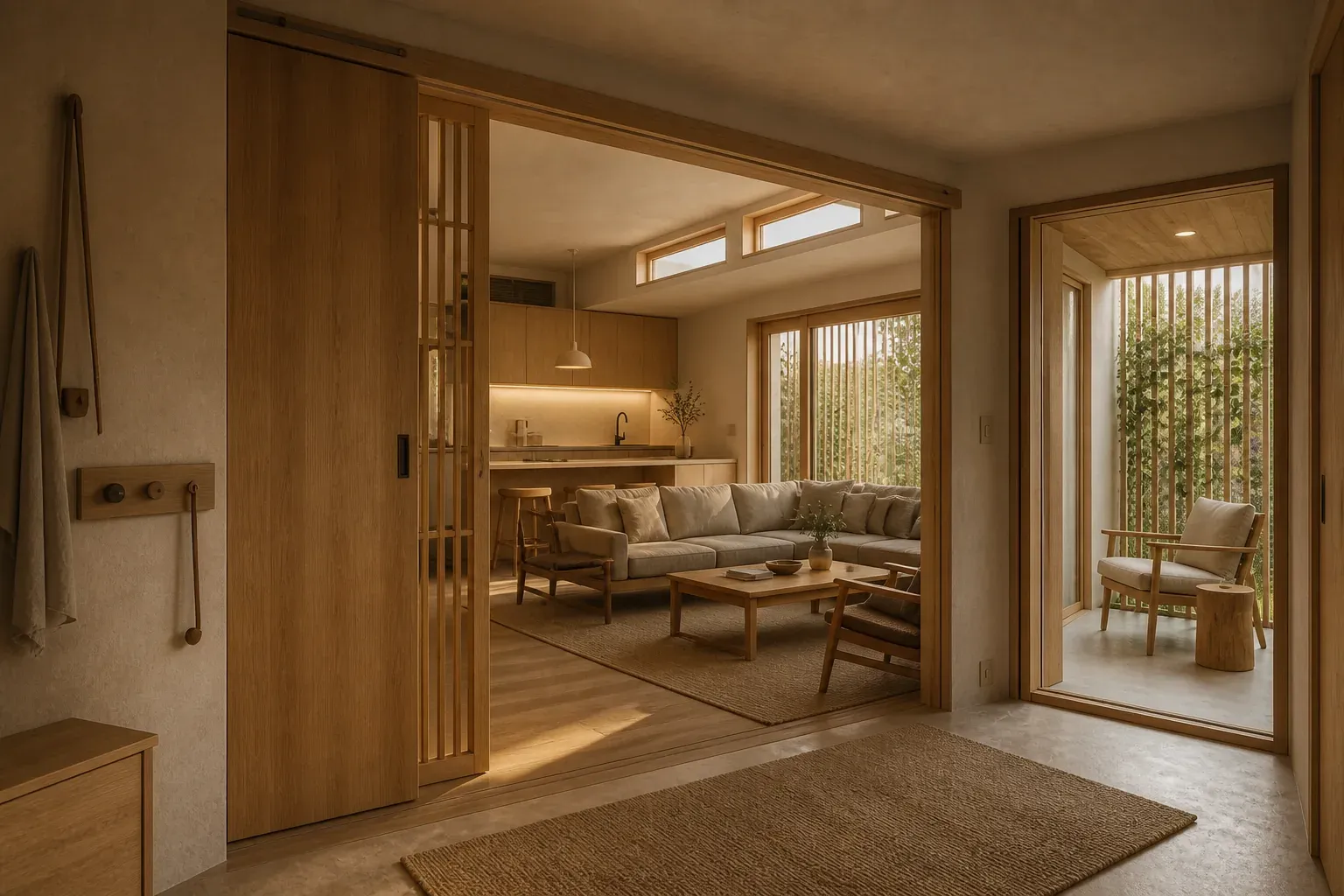 AI concept interior of Soft Signal House showing physical light controls, acoustic partitions and the low-stimulation quiet alcove