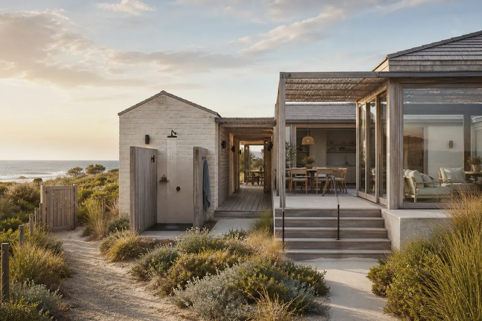 AI concept of The Dune Passage, a dune-backed beachfront house with a shaded shore passage, rinse court and protected family terrace