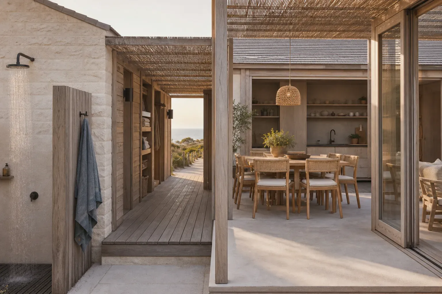 AI concept interior of The Dune Passage showing the beach-to-kitchen route, family dining space and wind-screened sunset room