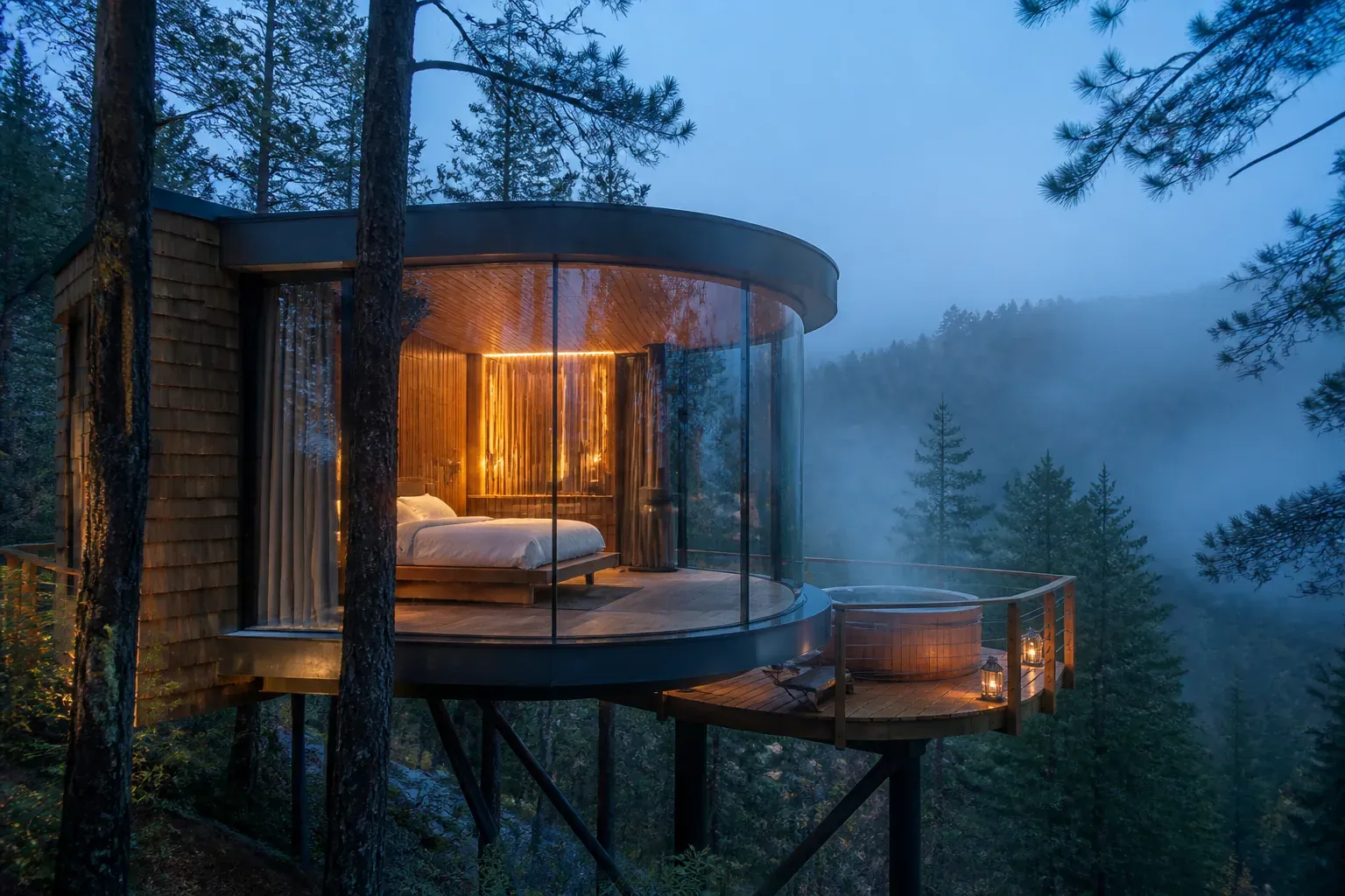 AI concept of The Glass Nest treehouse with panoramic glass walls and a cedar soaking tub in a pine forest