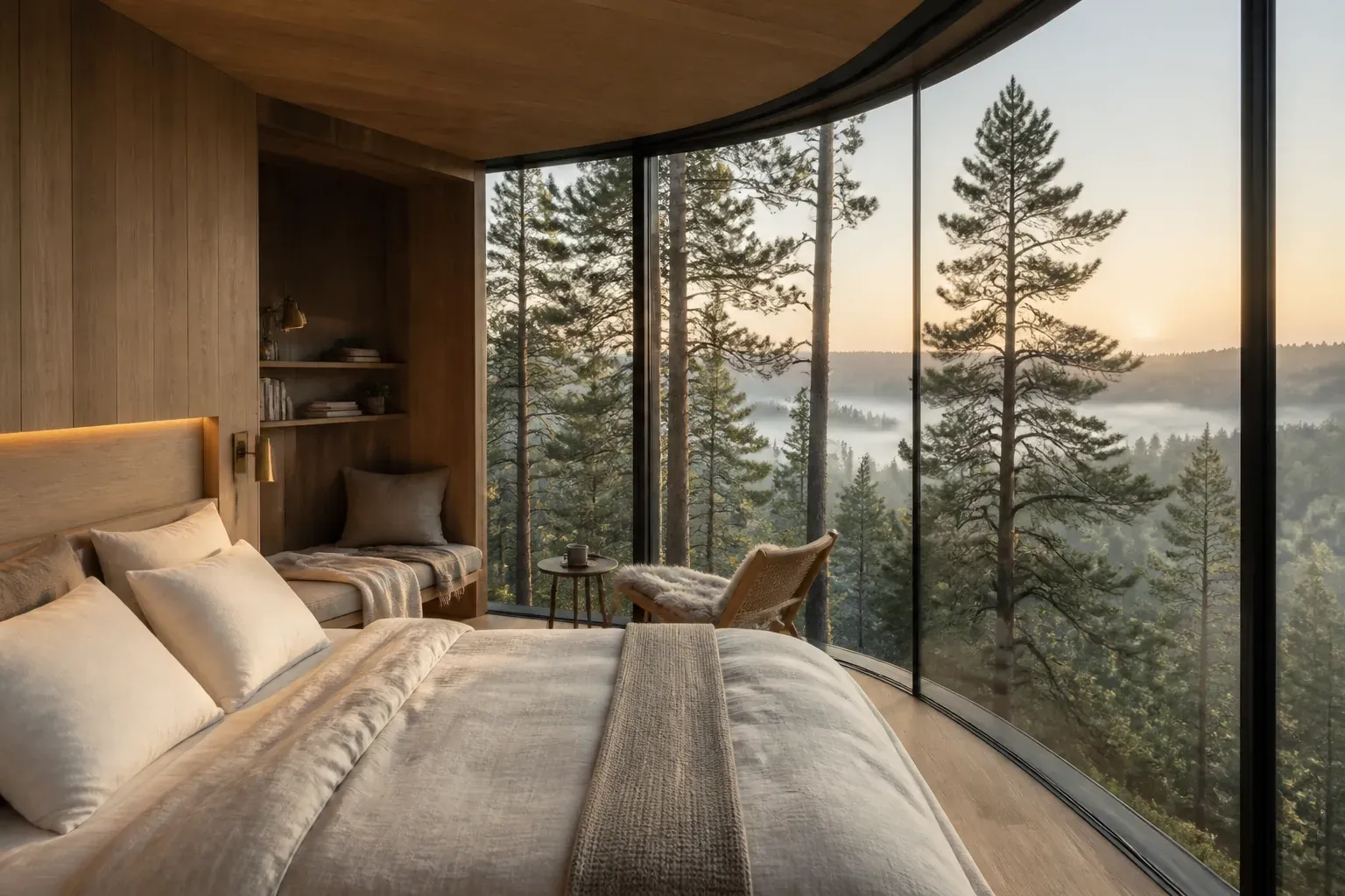 AI concept interior of The Glass Nest bedroom overlooking a misty Scandinavian forest