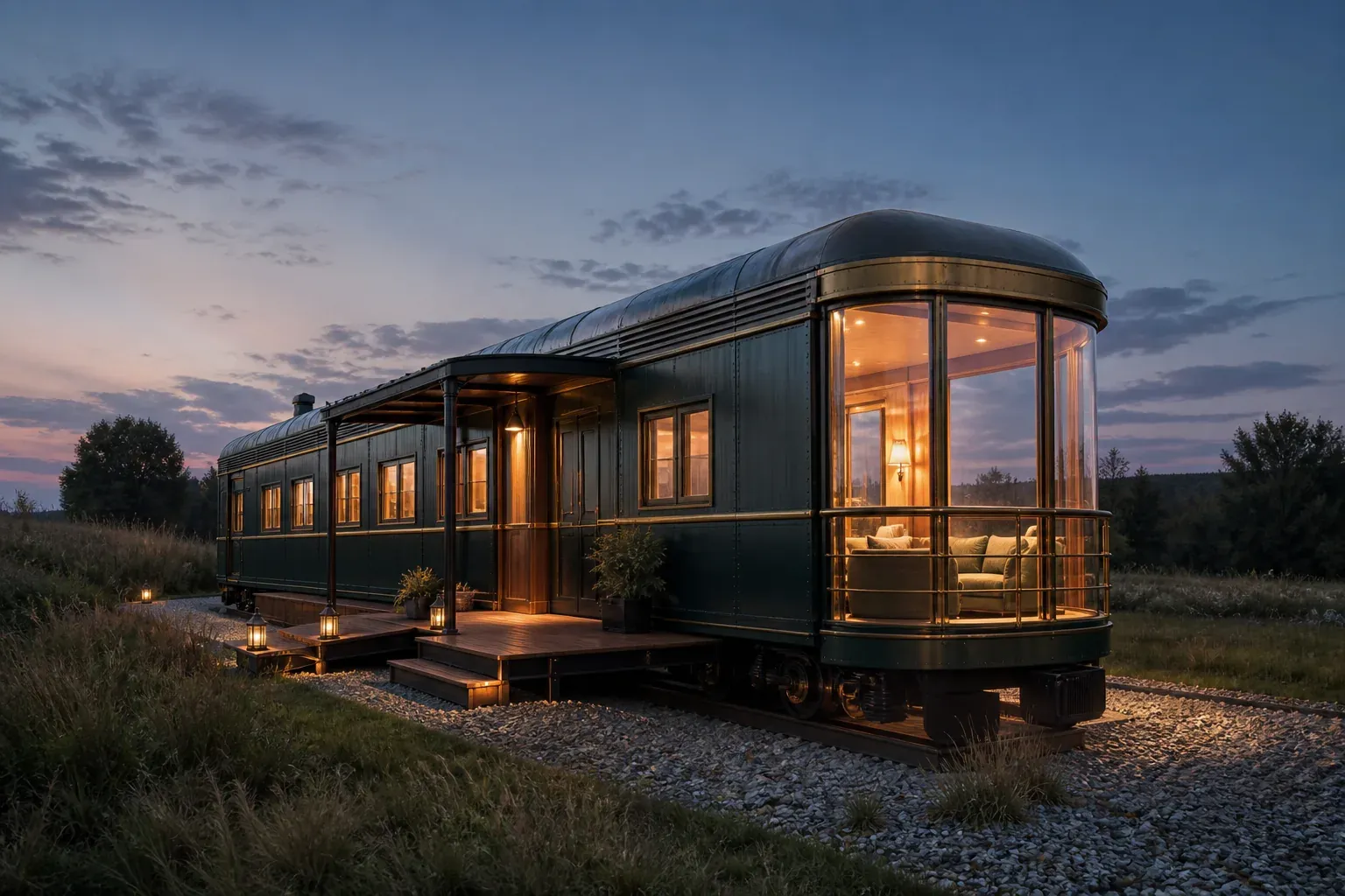 AI concept of The Wayfinder Carriage, a rail-inspired vacation rental with a glass observation lounge and covered deck