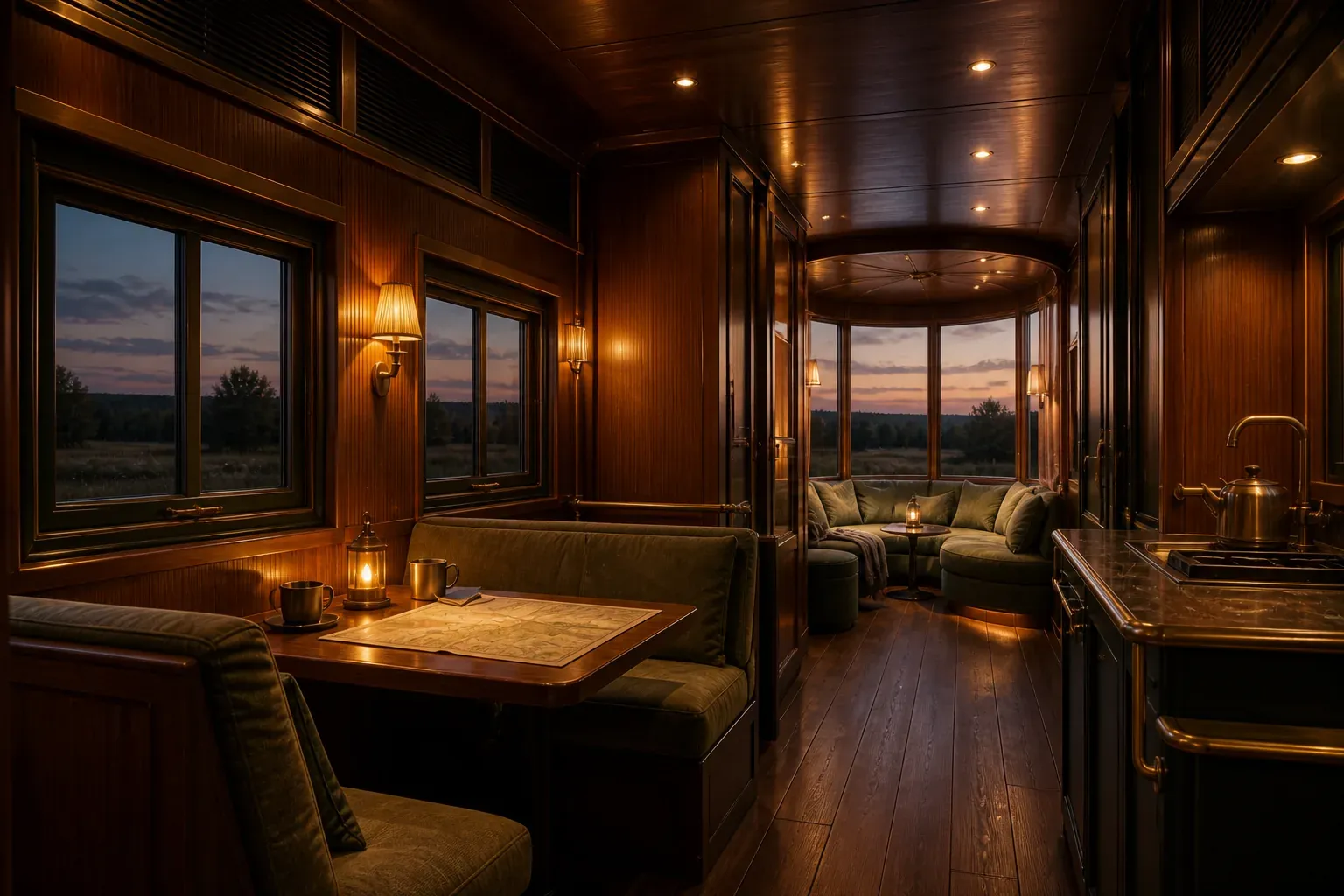 AI concept interior of The Wayfinder Carriage showing a route-table dining booth and glass-ended observation lounge