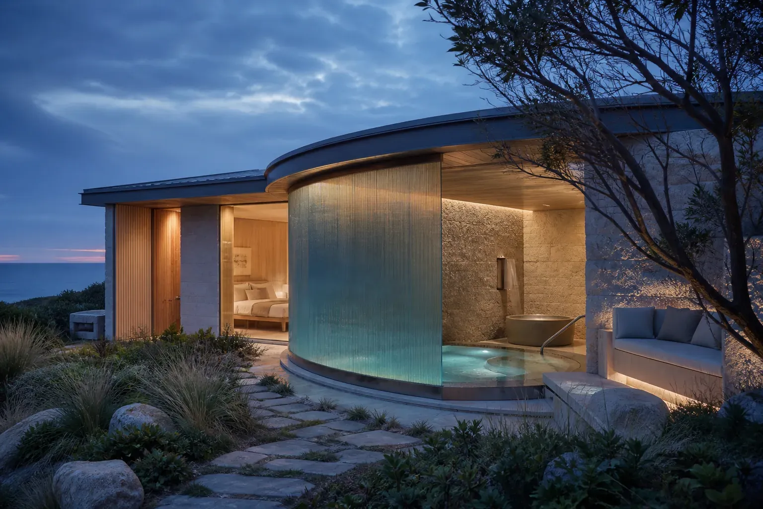 AI concept of Tideglass Bath House, a private coastal couples retreat with a curved sea-glass wall and sheltered mineral pool