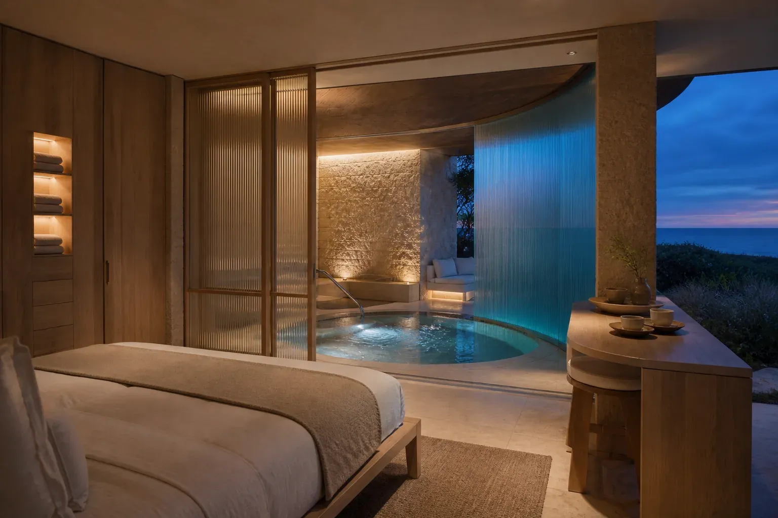 AI concept interior of Tideglass Bath House looking from the bedroom toward the sheltered pool and translucent coastal screen