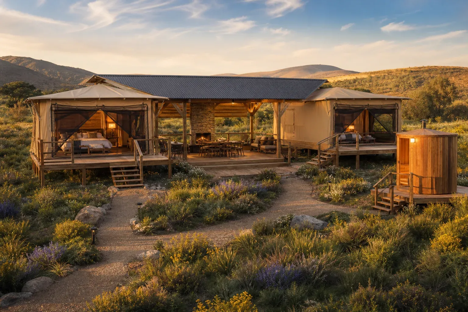 AI concept of Wildflower Canvas Camp with two raised canvas lodges, a covered hearth deck and a timber bath pod in a meadow