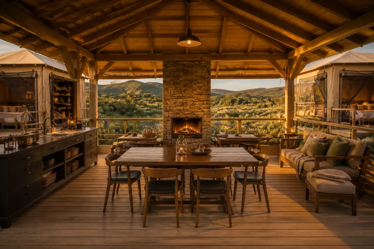 AI concept interior of Wildflower Canvas Camp showing the covered dining hearth between two canvas sleeping lodges