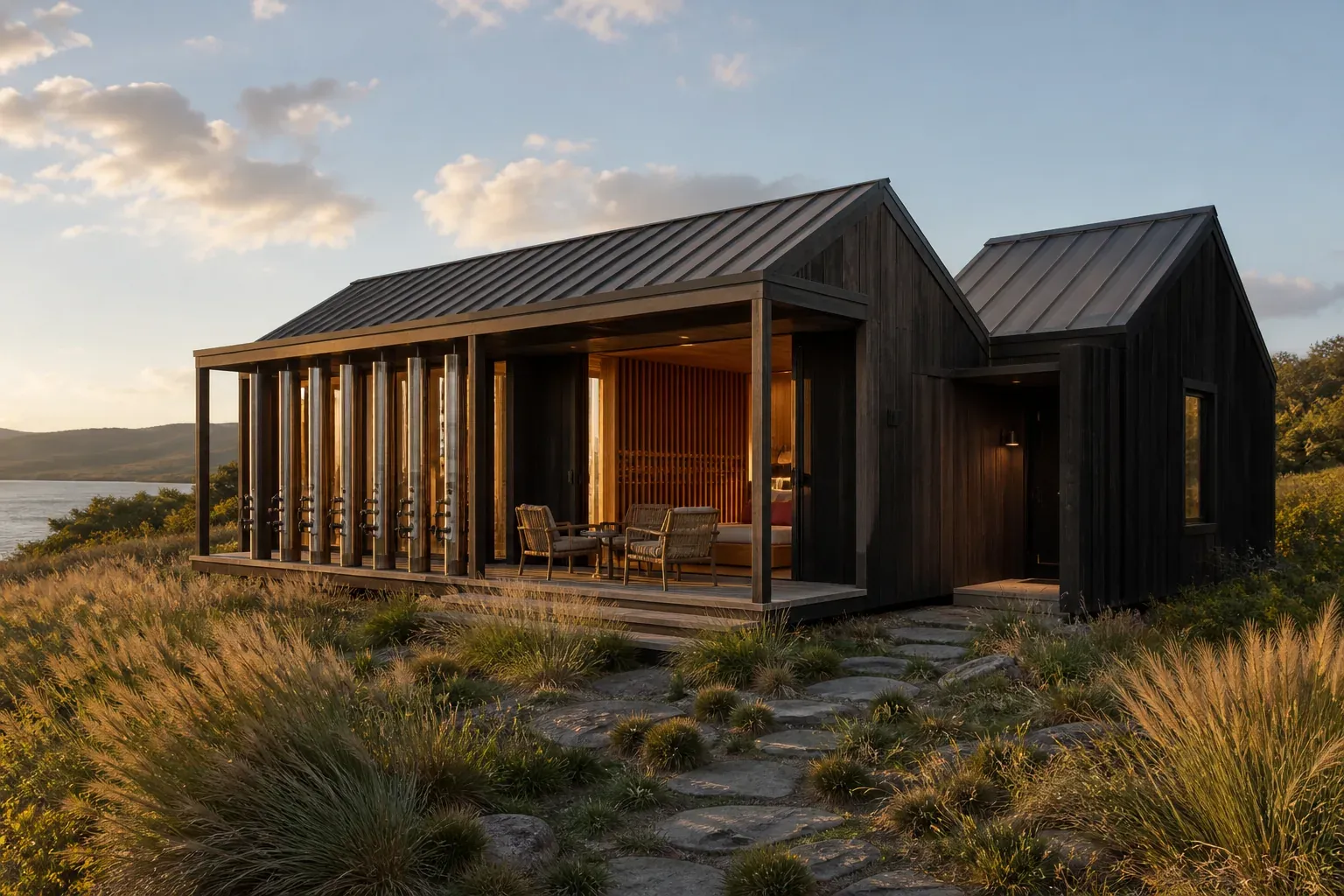 AI concept of Windline Listening House, a four-guest cabin with a sheltered wind-harp porch and a quiet sleeping wing