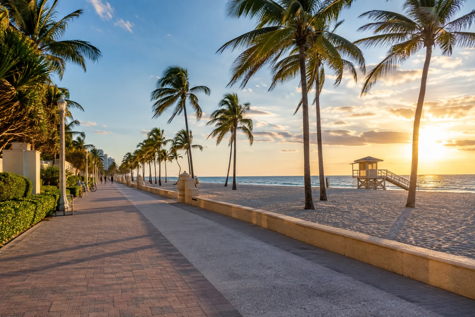 Palm-lined Hollywood Beach Broadwalk beside the Atlantic Ocean
