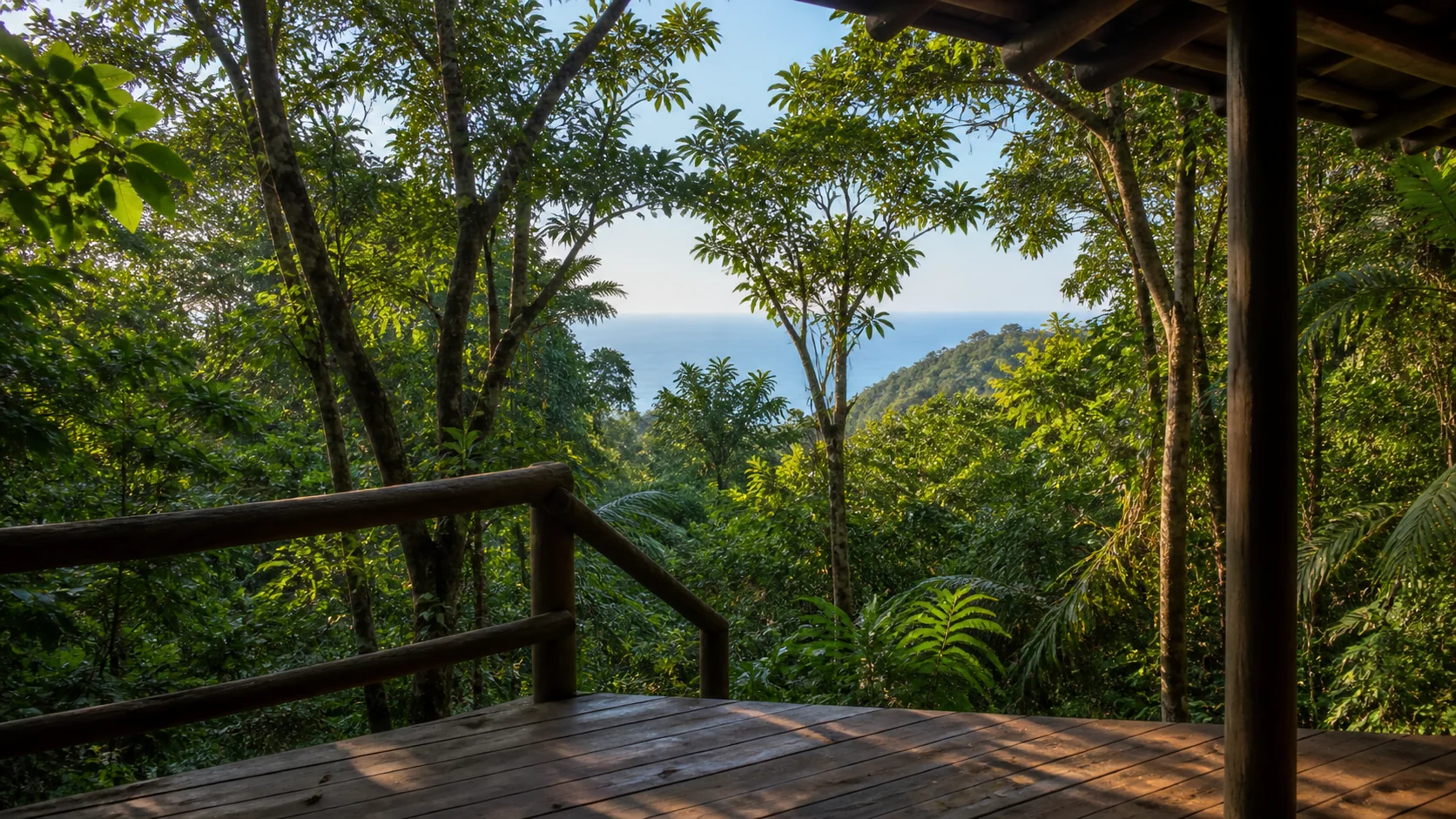 Wooden rainforest lookout with an ocean view in Ilhabela, Brazil