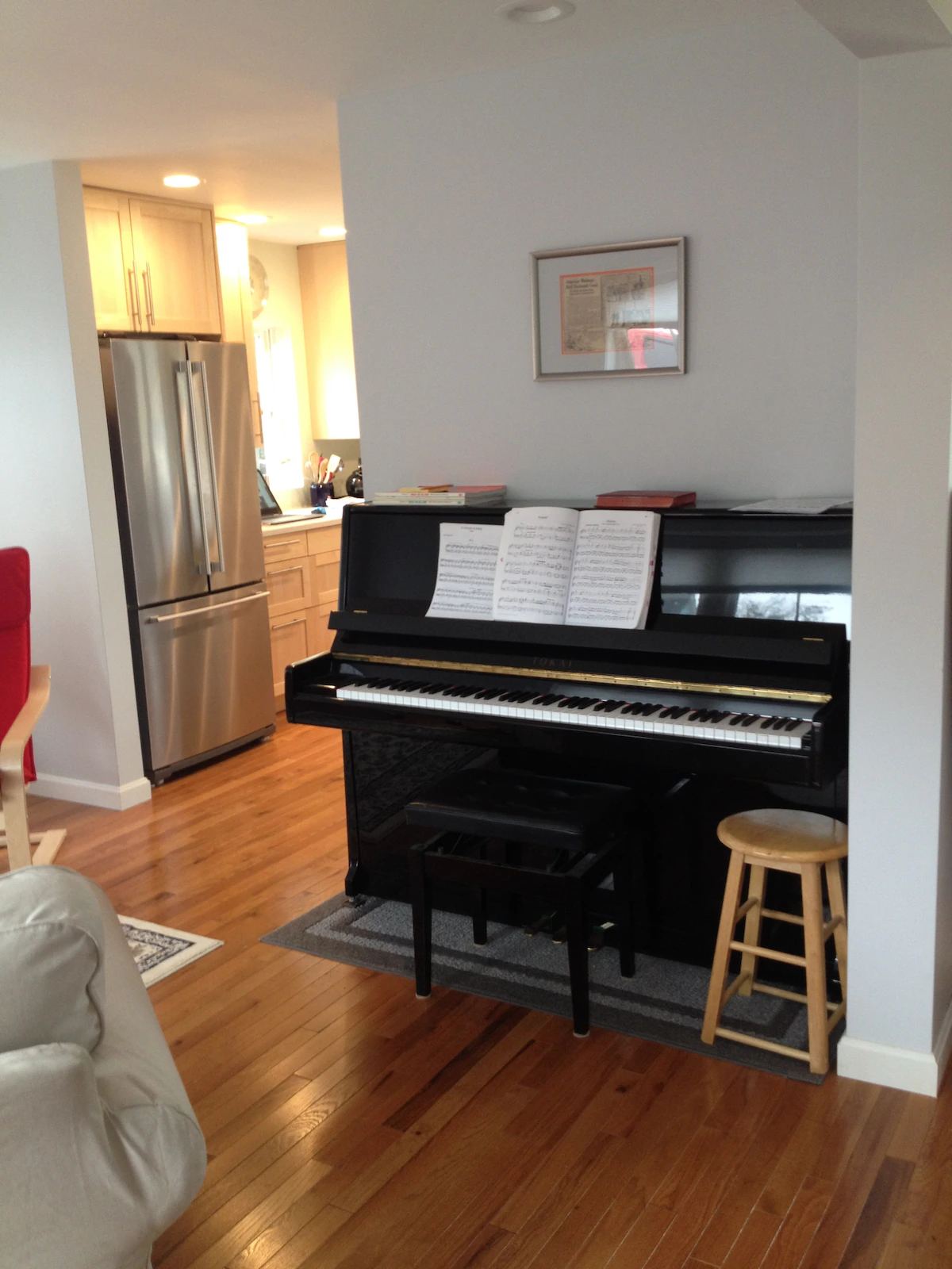 The piano is kept in tune. It's no Steinway but it has a sweet tone, a practice pedal and good action. at Horror Hill Cottage in Lubec